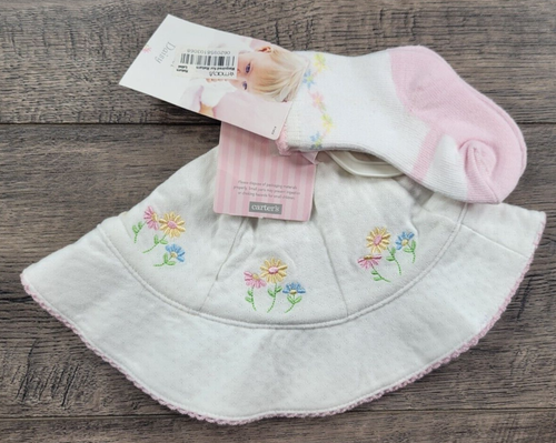 Baby Girl New Carter's Vintage 0-6 Month One Size Sweet Daisy Sun Hat & Socks