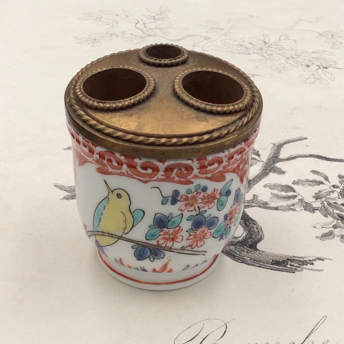 ENCRIER PORCELAINE DE PARIS LIMOGES 1900 REHAUSSE D OR DECOR FLORAL LC H3805 - Vendu