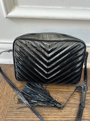 100% YSL Saint Laurent Lou Camera Bag Quilted Leather Black Patent Crossbody - Picture 9 of 15