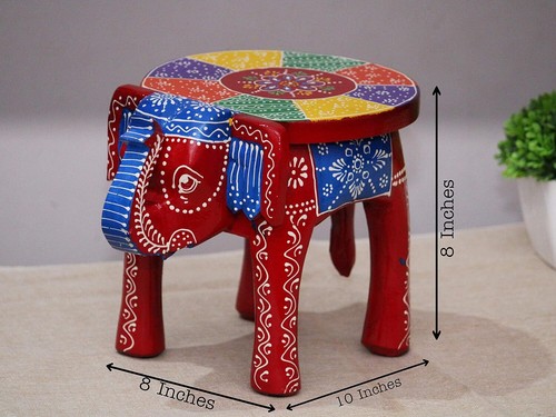Handcrafted Hand-Painted Colorful Wooden Elephant Stool 22 Centimeters Rose Gold - Picture 23 of 27