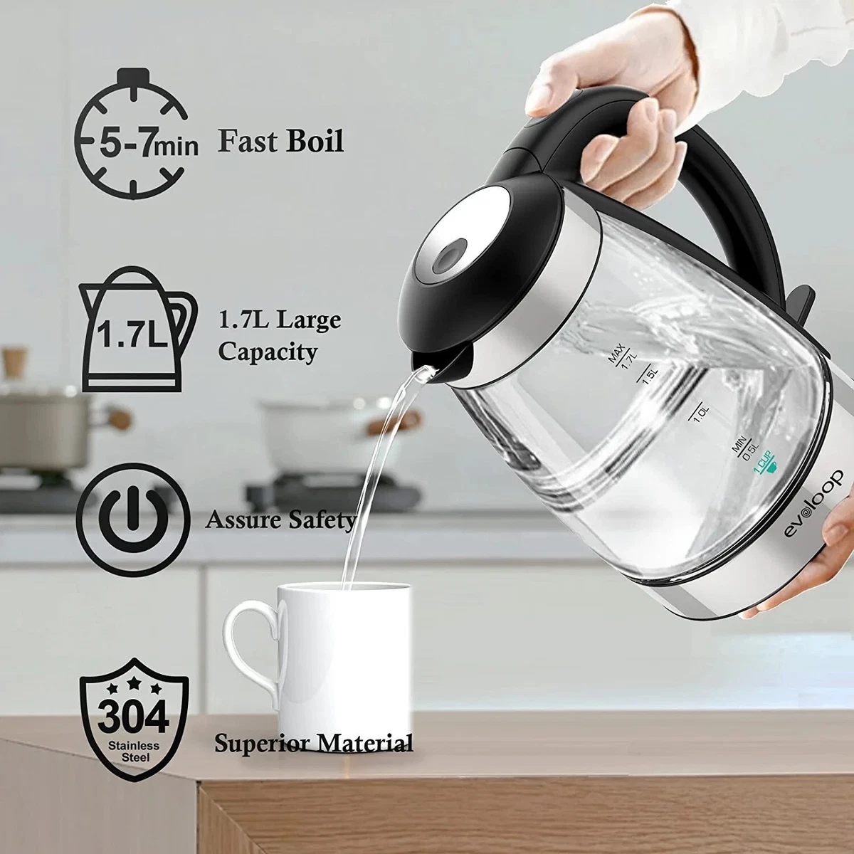 Evoloop Electric Tea Kettle 1.7L Hot Water Boiler, 1500W Glass Water Kettle  Auto