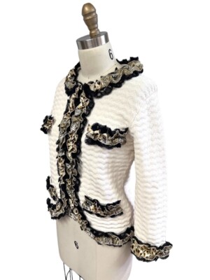 VTG Michael Simon Ivory Knit Lace Trimmed Classic Sweater Jacket Sz S/M