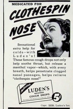 1941 Luden's Methol Cough Drops Vintage 1940s Print Ad Medicated Clothespin Nose