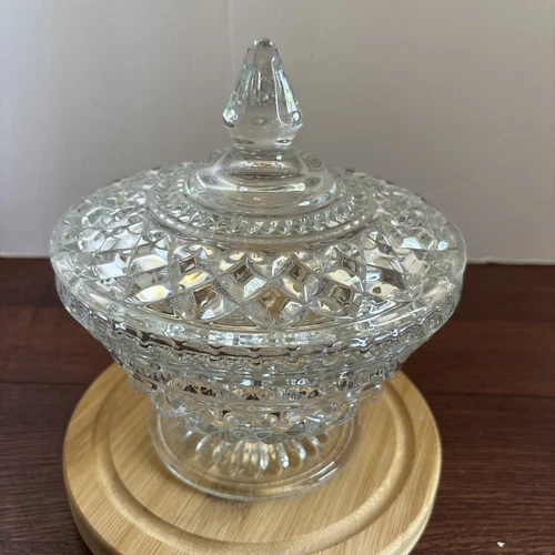 Vintage Anchor Hocking Heavy Glass Wexford Candy Dish With Lid Diamond Cut