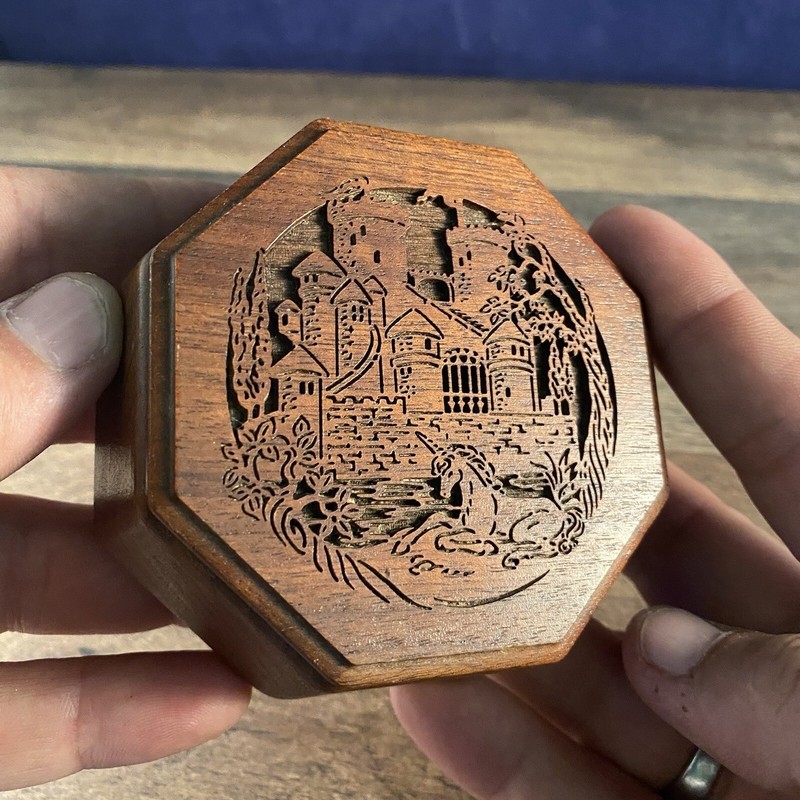 Lasercraft Wooden Music Box It's Small World Castle Unicorn 3.5"L x3.5"W x1.5"H