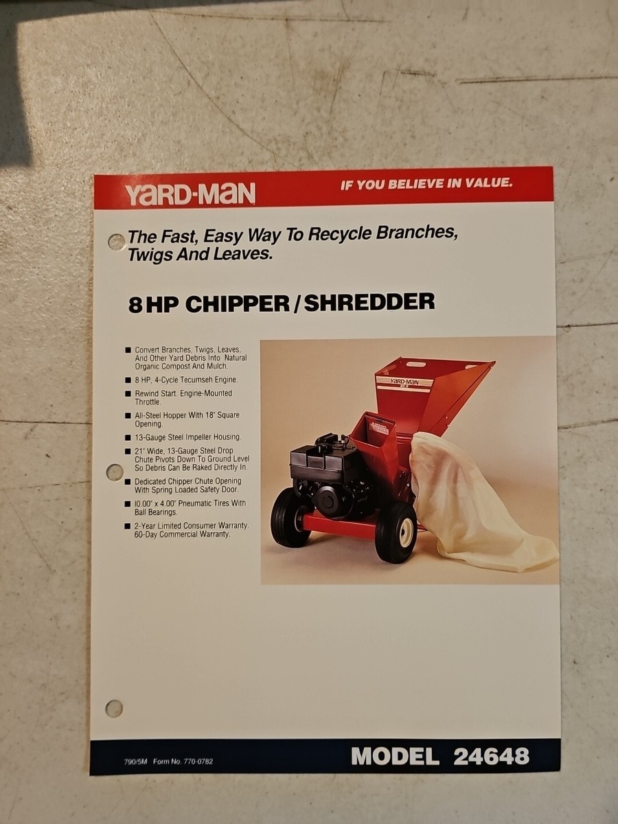 Vintage Yard-Man Chipper Shredder Model 24648 Spec Sheet Brochure
