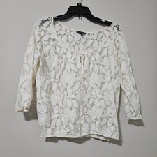 American Eagle Outfitters Floral Lace Top Cream White 3/4 Sleeve Keyhole Blse M