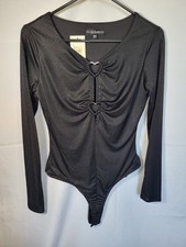 GUESS Black Long Sleeve Bodysuit Sliver Heart Cut Out Embelishment