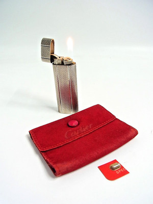 Working Cartier Gas Lighter Silver Plated with Pouch & flint