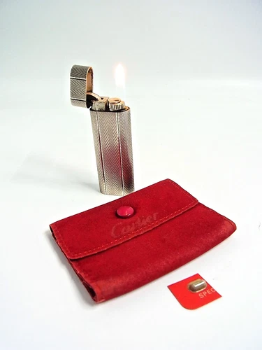 Working Cartier Gas Lighter Silver Plated with Pouch & flint