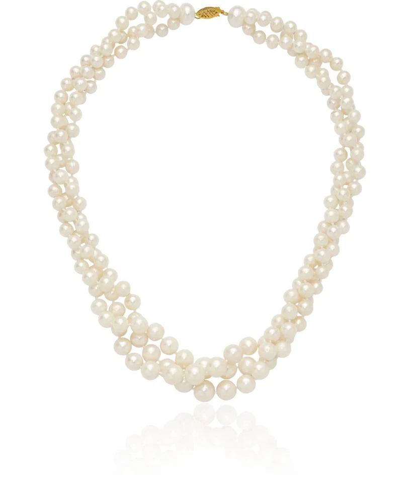 14K Solid Two Tone Gold Round Freshwater Cultured Pearl Multi Strand Chain ... - Image 3 of 4