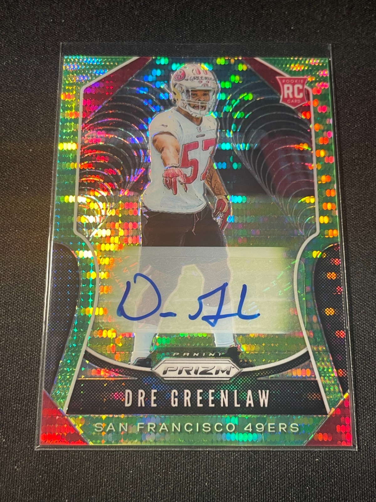 2019 Panini Prizm Dre Greenlaw #384 Neon Green Pulsar Prizm Rookie Autographs 