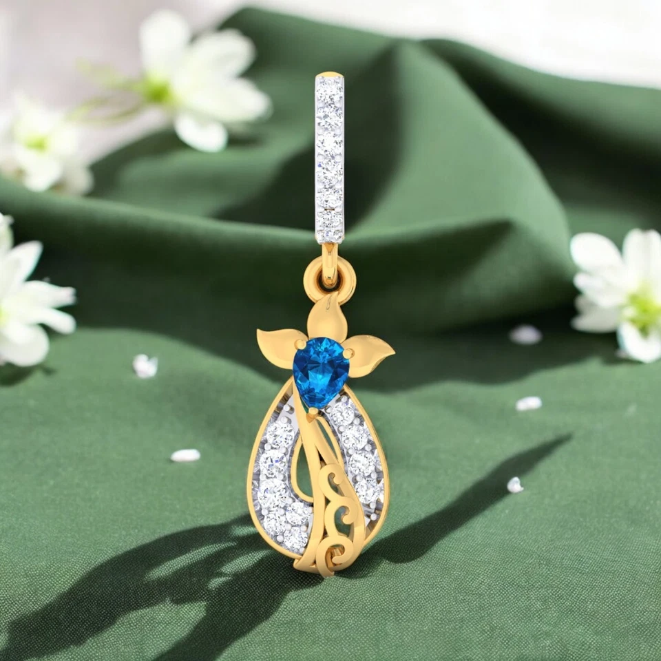 1,20 Cts F/VS1 Runder Brillantschliff Diamanten Saphir Baumeln Ohrringe 14K Gold - Bild 2 von 4