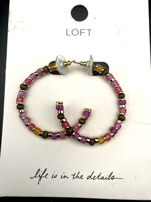 NWT Loft 2'' Earrings Multicolor Pink Gold Tone Hoop Stud  $33 Retail Barbiecore