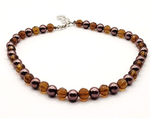 Amber Faceted Clear Cut Glass w Deep Purple Round Bead 1980s Vintage Necklace
