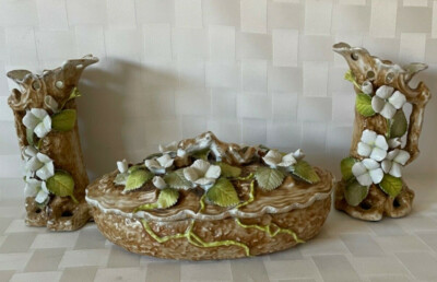 Vtg Inarco Japan 3 Pc Console Vanity Set Tree Trunk Faux Bois Dogwood Vases Box