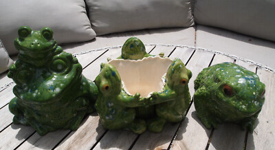 3pc Green Frog Statue Figurine Planter Handpainted Ceramic Garden / Home Decor 