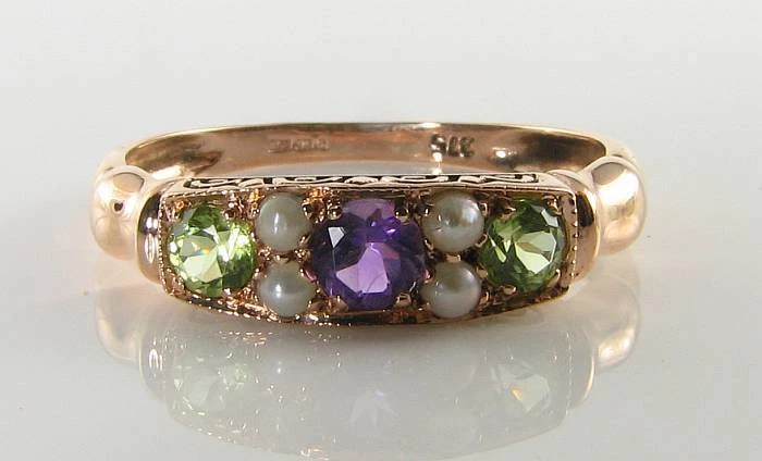 Anillo Art Déco SUFFRAGETTE 9K 9CT Oro Rosa Amatista Peridoto Perla