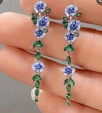 Long Dainty Floral Trellis Earrings. Silvertone Stud Blue Floral W/green Leaves