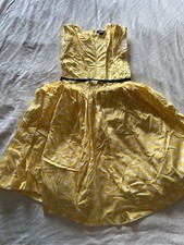 Lands End Dress Girls Size 12 Yellow White Polka Dots Navy Ribbon EUC Spring