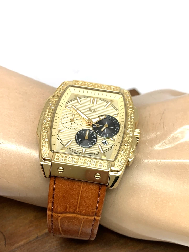 Мужские кварцевые часы-хронограф JBW J6379D с бриллиантами золотой циферблат коричневый кожаный ремешок - Изображение 4 из 4