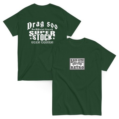 DRAG 500 SUPER STOCK TIRES TWO SIDED T SHIRT by RACE CITY RETRO