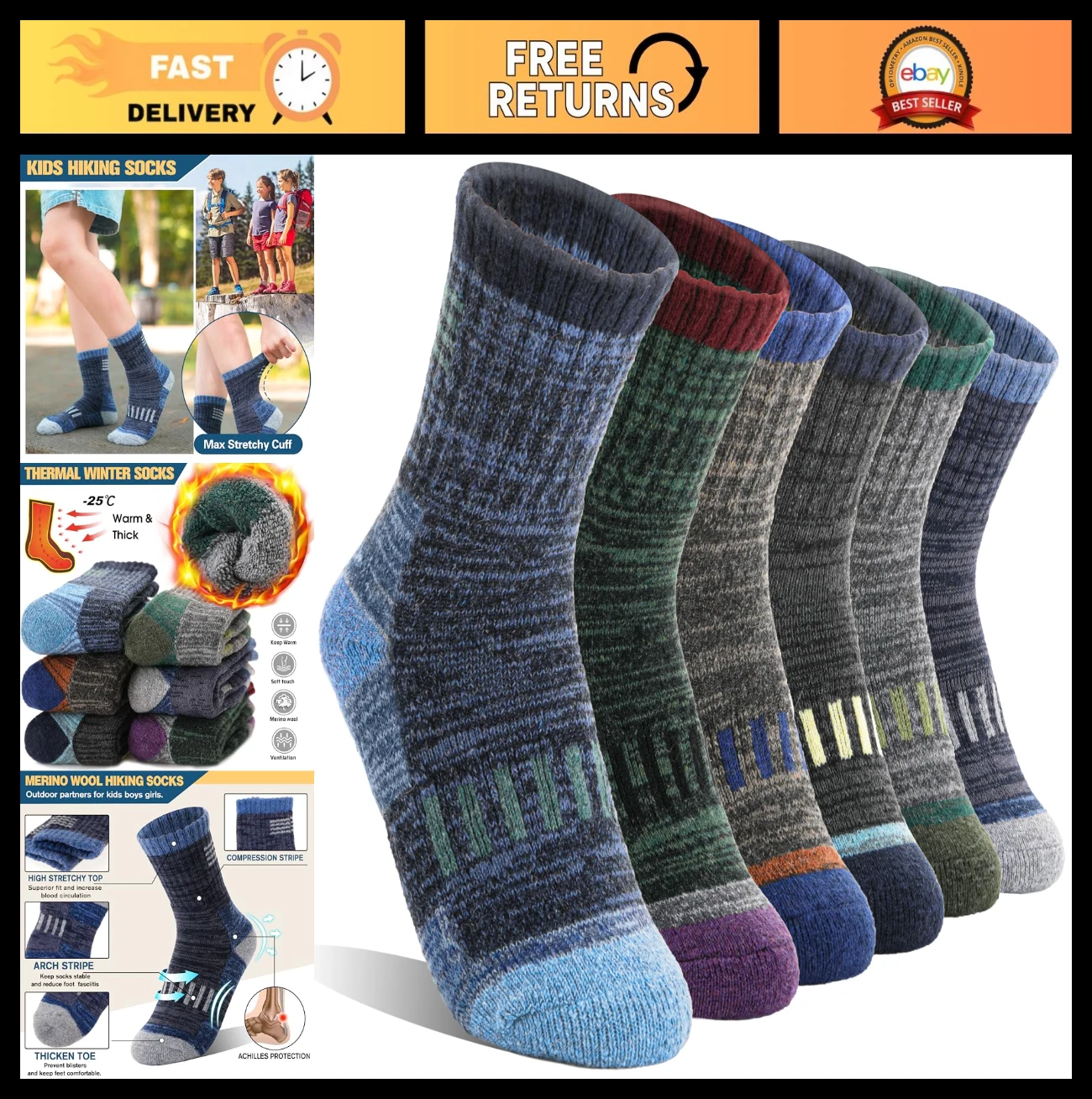 Kids Merino Wool Hiking Socks - Thermal, Thick, Cushioned, Moisture-Wicking, 6 P
