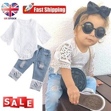 2Pcs Newborn Baby Girls Outfit Lace Romper + Blue Denim Pants Clothes Set New