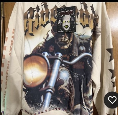 Stray Skull Motorcycle Graphic Beige Men's Hooded Pullover Hoodie XL