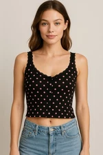 Victoria’s Secret Black Pink Polka Dot Cami Medium | Lace Trim Button-Up Cotton