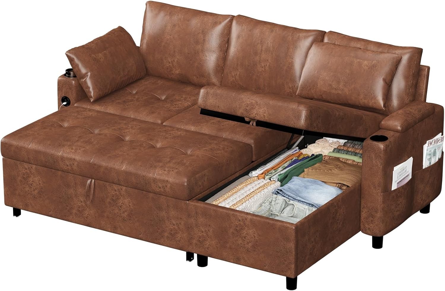 3 in 1 Pull Out Sofa Bed Sleeper Sofa with Storage Chair Sectional L Shape Couch