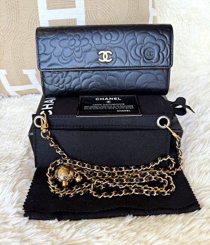Chanel Camellia Long Wallet Black Lambskin Leather Gold Hardware (JO7)