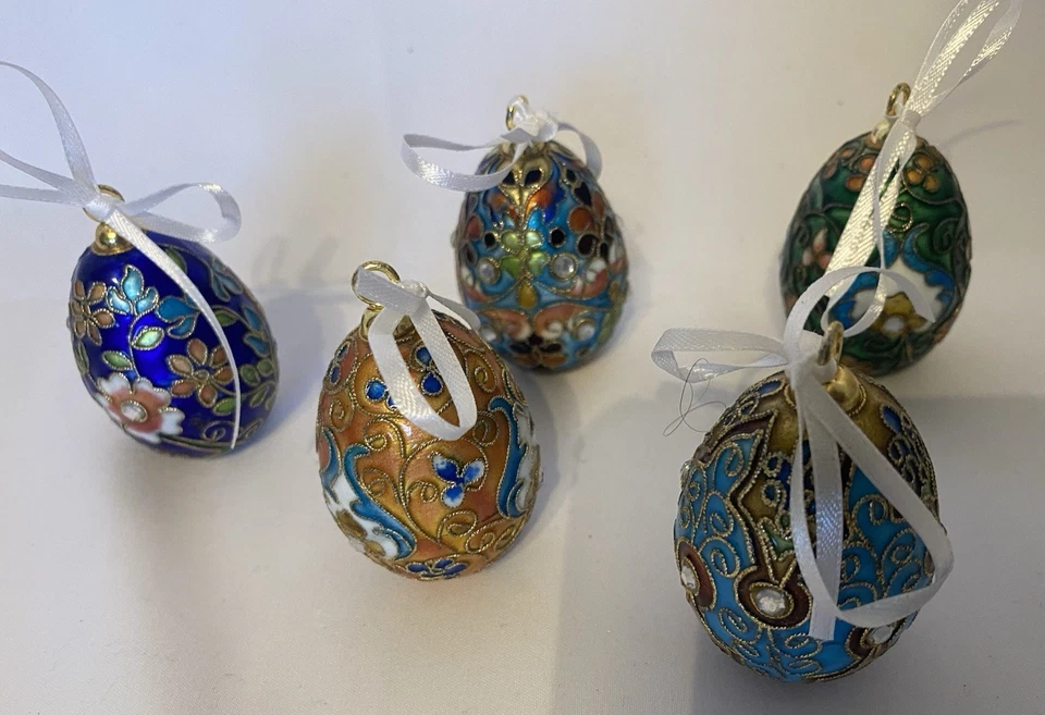 Lote de 5 Huevos de Pascua Cloisonne Miniatura Vintage Árbol Adorno Floral Dorado Foto 3 de 4
