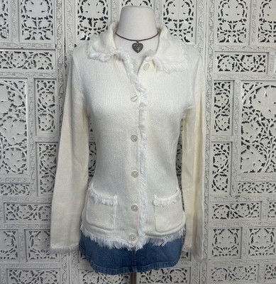 Chadwicks Ivory Button Up Cardigan With Fringe Trim & Pockets Sz Small
