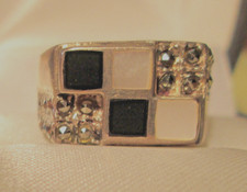 Artist Signed MARCASITE ONYX  MOP Inlay Sterling Silver Ring  Vintage RETRO
