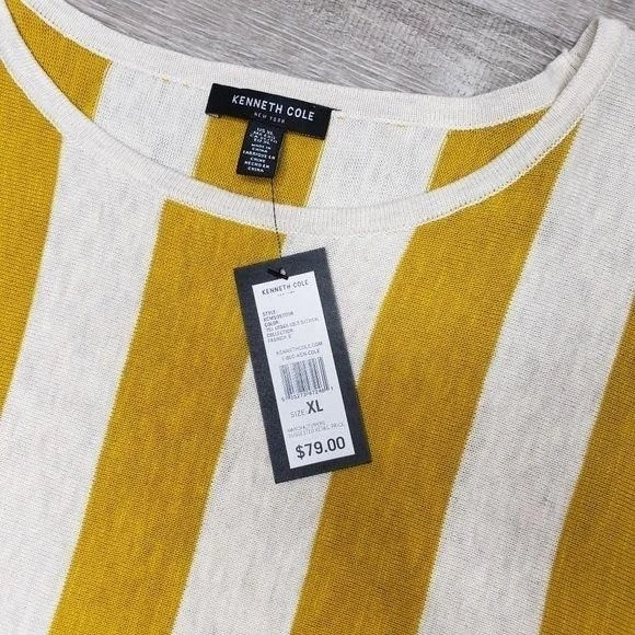 Suéter listrado Kenneth Cole feminino amarelo mostarda manga 3/4 novo com etiquetas tamanho XL - Imagem 2 de 4