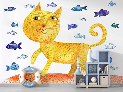 3D Cartoon Cat Fish Self-adhesive Removeable Wallpaper Wall Mural 51