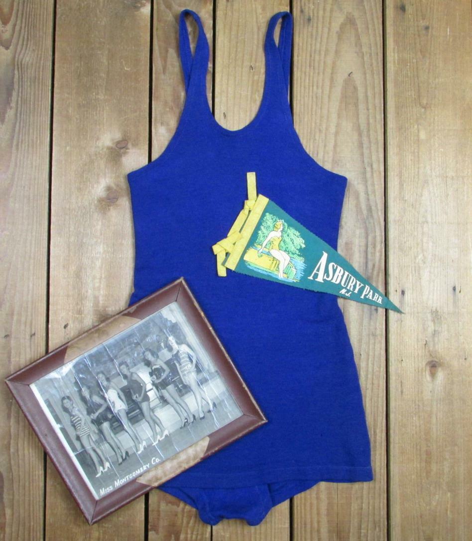 30s 40s ウール　水着 Vintage 1930s Blue Wool Swimsuit Antique Bathing Suit w/Photograph