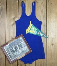 Vintage 1930s Blue Wool Swimsuit Antique Bathing Suit w/Photograph Pennant Beach