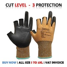Fingerless 3 Digit Cut Proof PU Coated Gloves Safety Work Grip Handling Builders