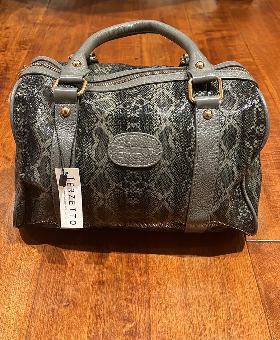 New With Tag Terzetto Snakeskin Pattern Genuine Leather Satchel