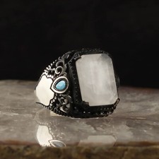 925 Sterling Silver Paraiba Stone Men Silver Ring with Turquoise Side Stones