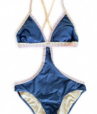 One Piece Cut Out Swimsuit Embroidered Blue Orange Pink Open Back Full Coverage