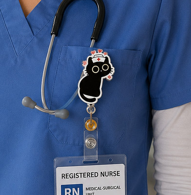 Cute Black Cat Nurse Badge Reel   Retractable ID Holder for Nurses, RN, CNA