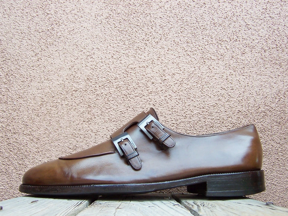 Zapatos de vestir informales FERRAGAMO para hombre marrón punta dividida hebilla italiana mocasín talla 12D Foto 3 de 4