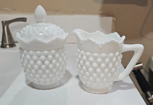 Vintage Fenton Hobnail White Milk Glass Creamer and Sugar with Lid 3 Piece Set