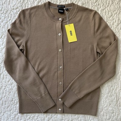 Hugo Boss Super Fine Merino Wool Cardigan Sweater Womens XS Long Sleeve Tan NWT