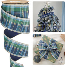 Blue and Green Plaid Christmas Ribbon 2.5 Inch Tartan Velvet Wired Ribbon for Ch