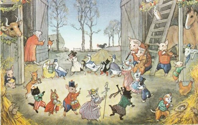 Barn Dance by Molly Brett, pig, rabbit, cow, horse, etc. postcard - image 1 of 2