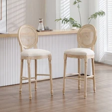 Set of 2 Bar Stool Upholstered Counter Height Bar Chair w/ Rattan Backrest Beige